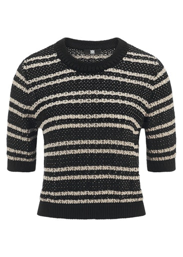 Riani Black Striped Cotton Half Sleeve Crew Neck Knit Sweater