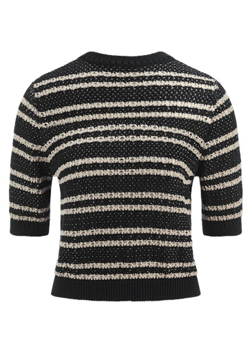 Riani Black Striped Cotton Half Sleeve Crew Neck Knit Sweater