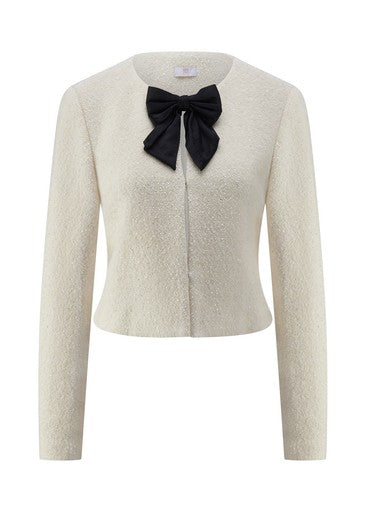Riani Off White Bouclé Wool Blend Jacket with Round Neck & Black Bow