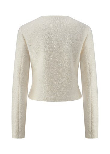Riani Off White Bouclé Wool Blend Jacket with Round Neck & Black Bow