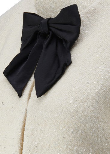 Riani Off White Bouclé Wool Blend Jacket with Round Neck & Black Bow