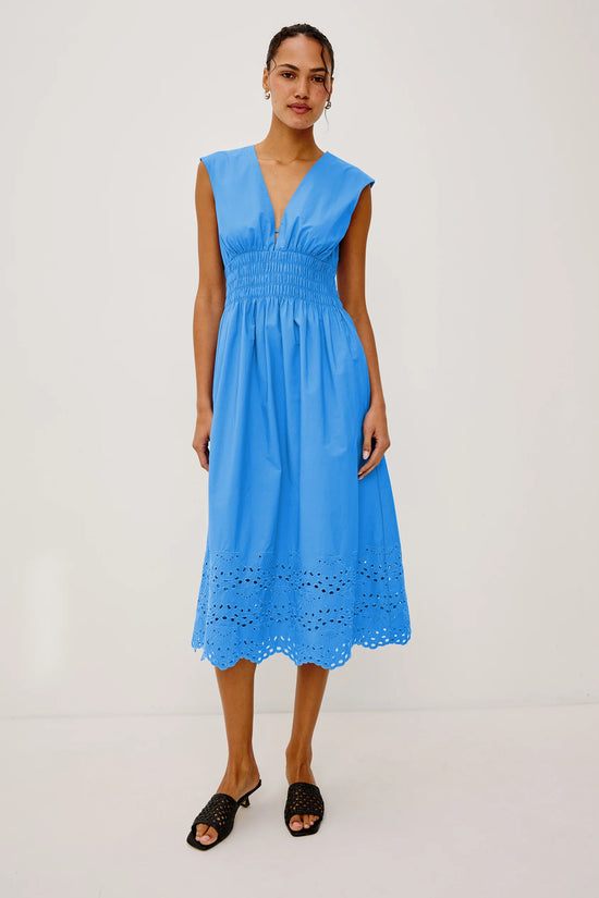 Rails Blue Shirred Shoulder Cotton Midi Dress ROXANNE