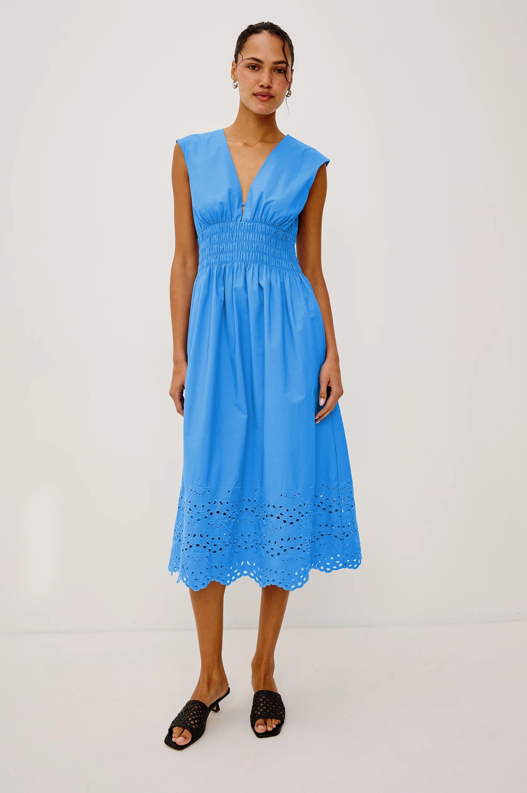 Rails Blue Shirred Shoulder Cotton Midi Dress ROXANNE