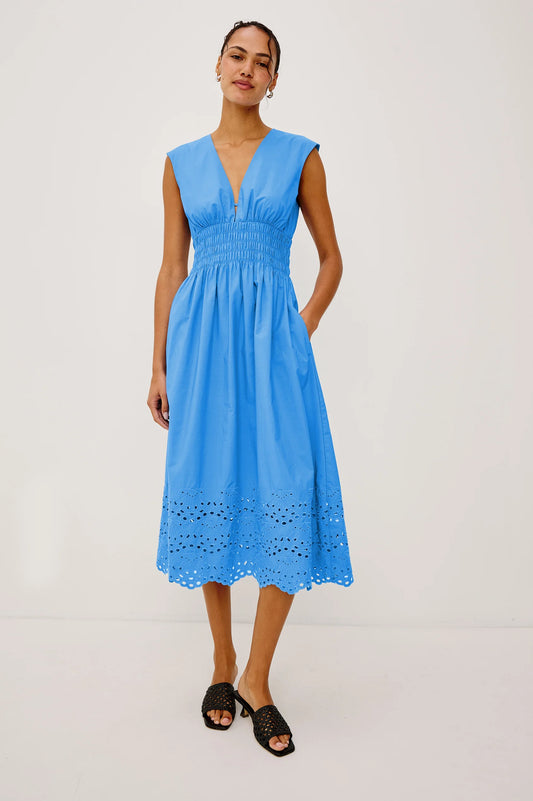 Rails Blue Shirred Shoulder Cotton Midi Dress ROXANNE