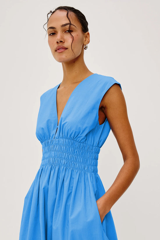 Rails Blue Shirred Shoulder Cotton Midi Dress ROXANNE