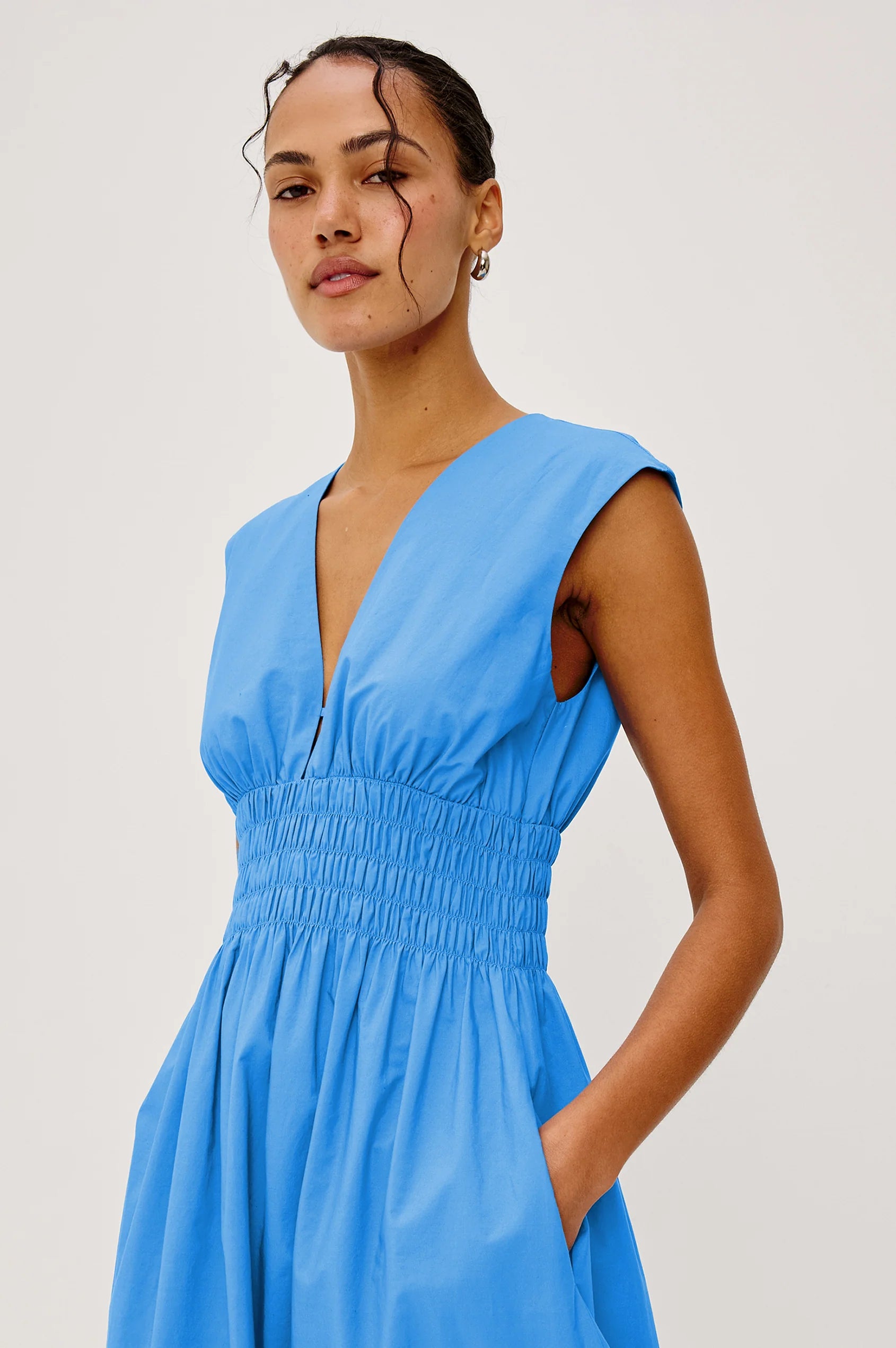 Rails Blue Shirred Shoulder Cotton Midi Dress ROXANNE