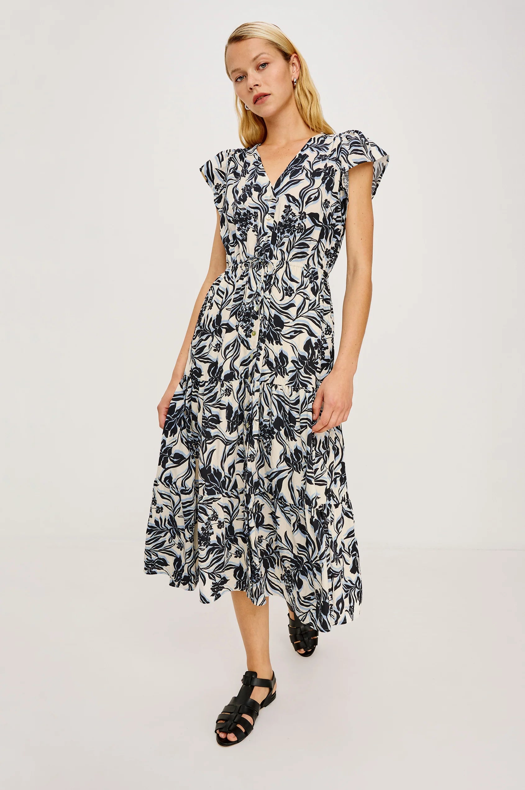 Rails Print Cotton Poplin Midi Dress with Flutter Sleeves ROZA
