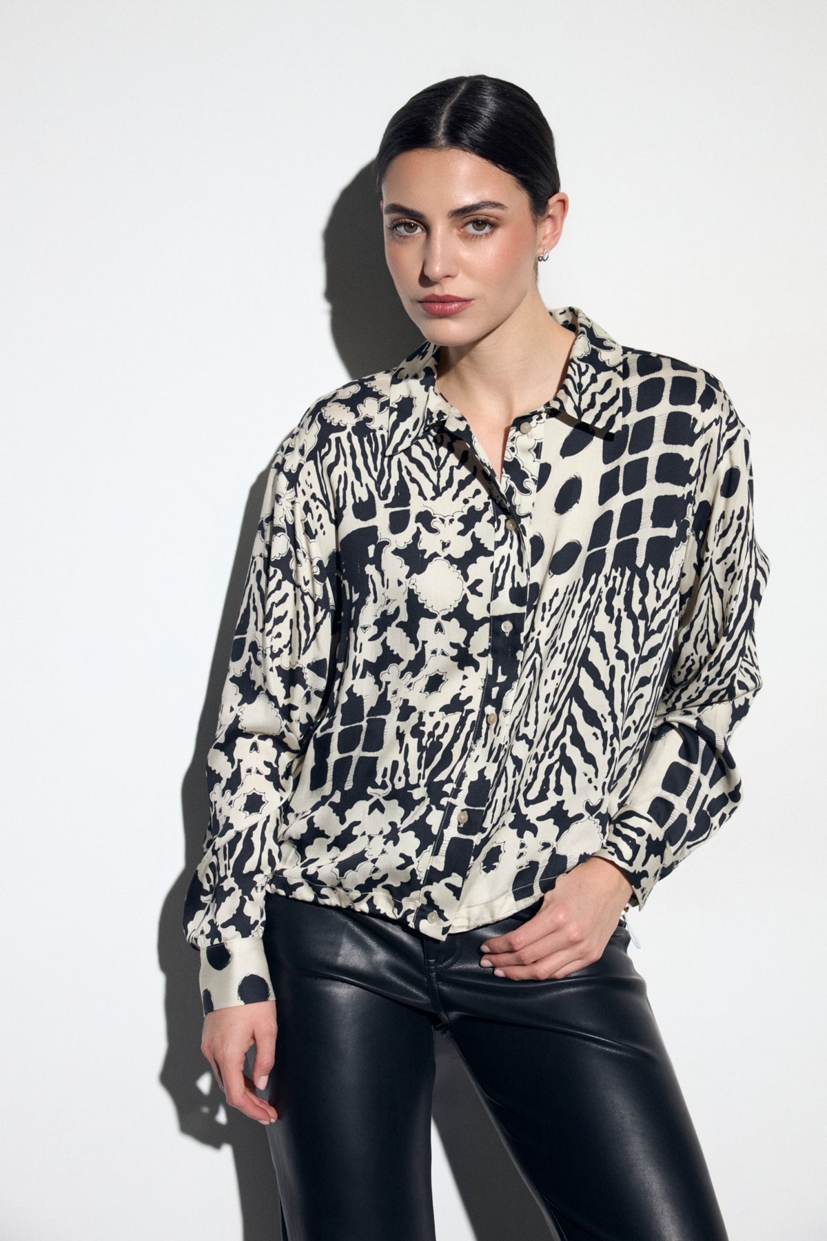 Tinta & Bariloche Black & Cream Print Blouse with Drawstring Hem