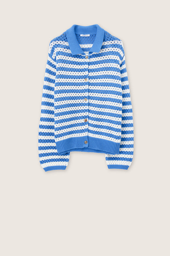 Rosso 35 Cornflower Blue Striped Cotton Cardigan with Collar