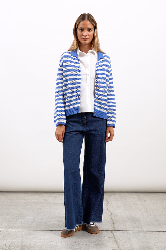 Rosso 35 Cornflower Blue Striped Cotton Cardigan with Collar