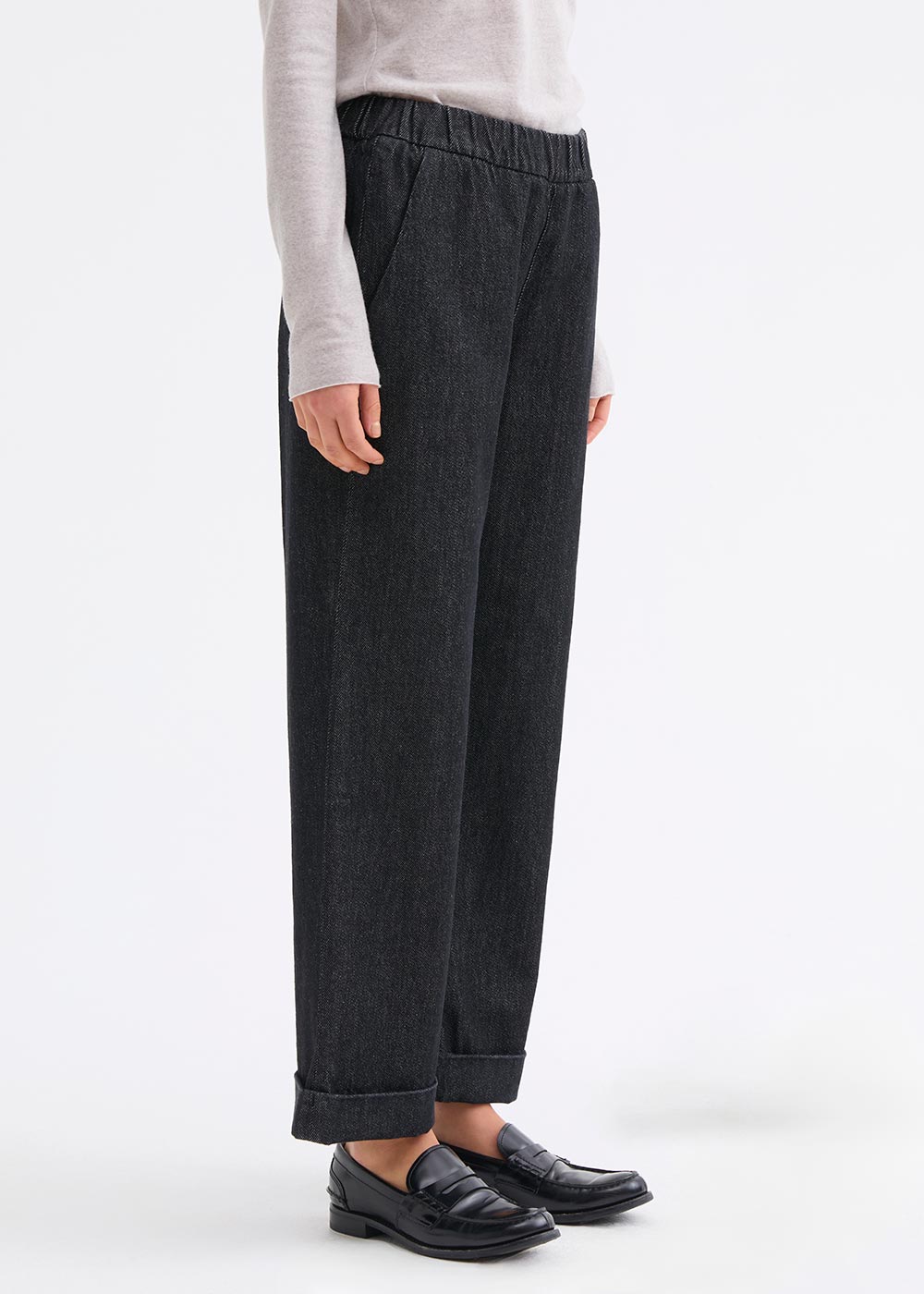 Rosso 35 Dark Denim Wide Leg Jeans with Turn-Up Hem & Elasticated Waist