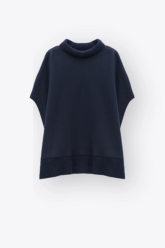 Rosso 35 Navy Felted Wool Cape with Knit Detailing