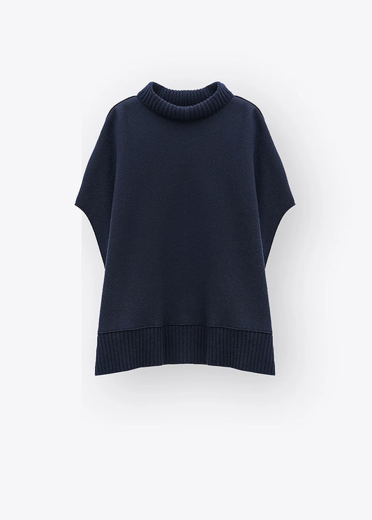 Rosso 35 Navy Felted Wool Cape with Knit Detailing