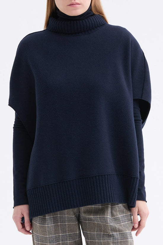 Rosso 35 Navy Felted Wool Cape with Knit Detailing