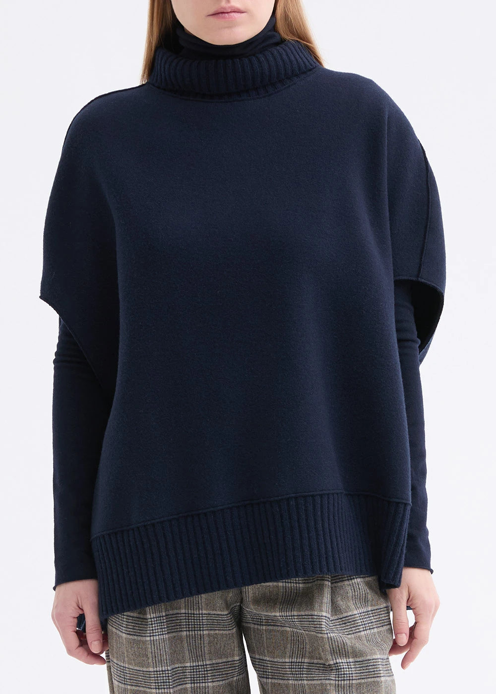 Rosso 35 Navy Felted Wool Cape with Knit Detailing