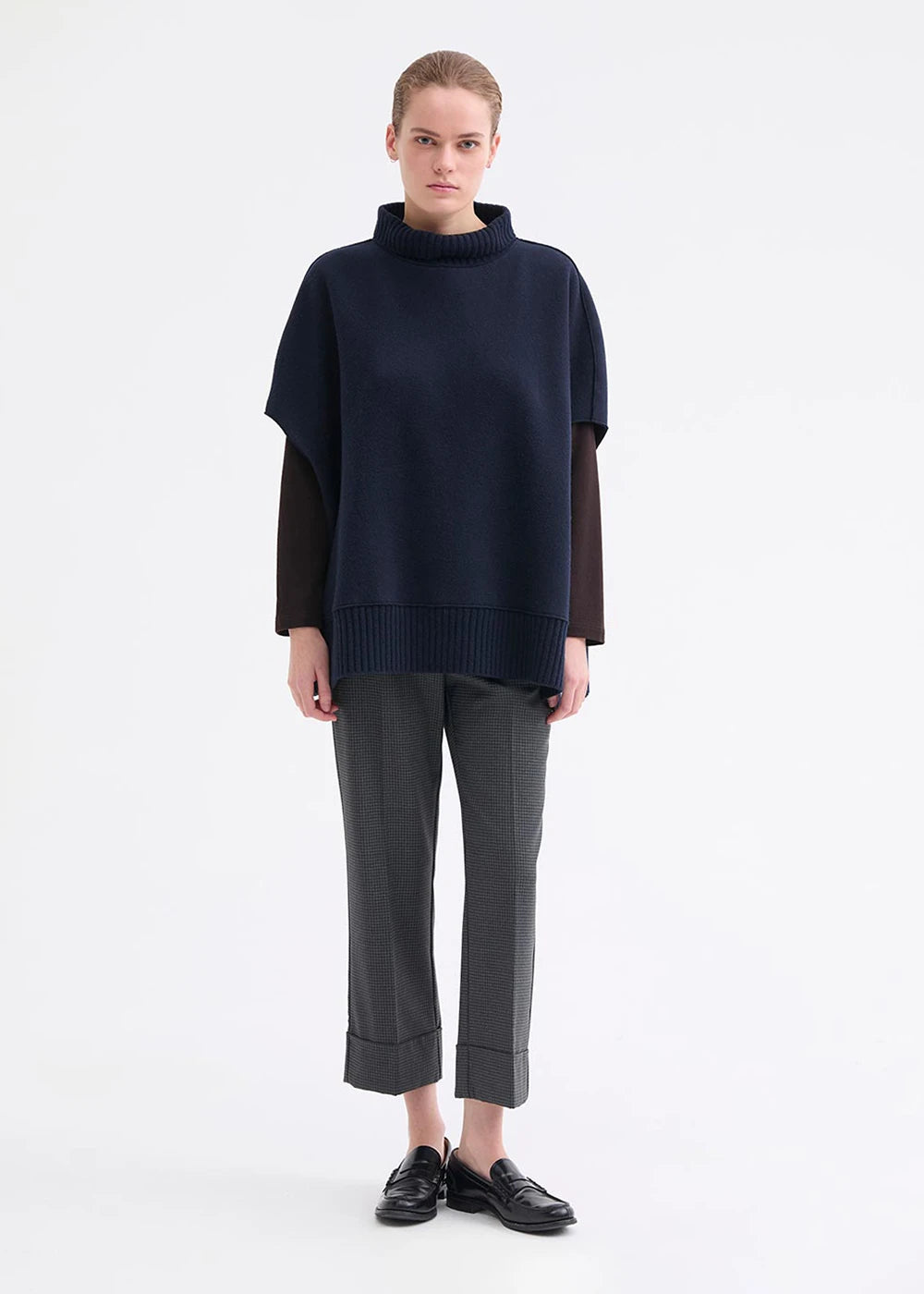 Rosso 35 Navy Felted Wool Cape with Knit Detailing