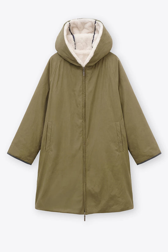 Rosso 35 Khaki Reversible Coat with Faux Fur and Hood