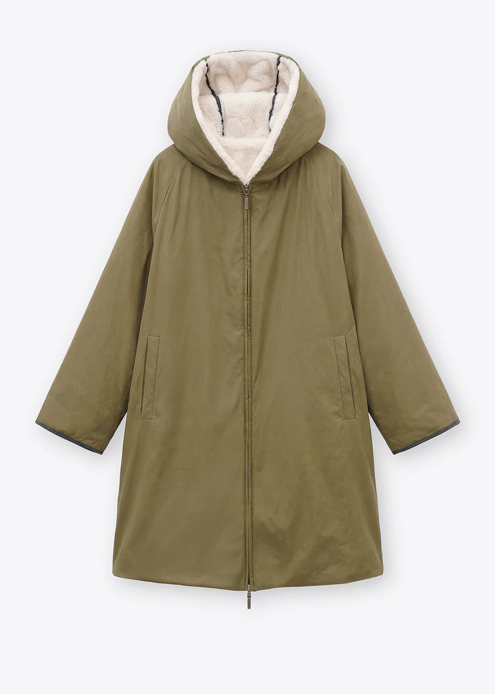 Rosso 35 Khaki Reversible Coat with Faux Fur and Hood
