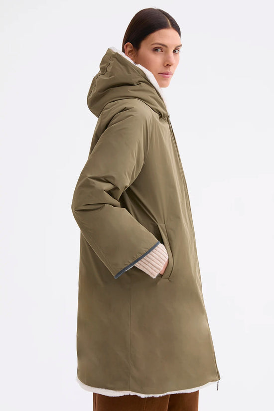 Rosso 35 Khaki Reversible Coat with Faux Fur and Hood