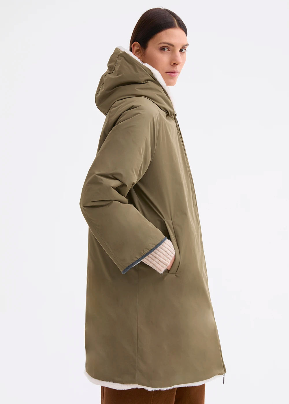 Rosso 35 Khaki Reversible Coat with Faux Fur and Hood