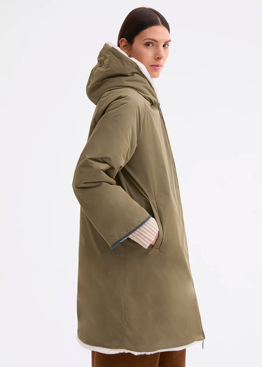 Rosso 35 Khaki Reversible Coat with Faux Fur and Hood