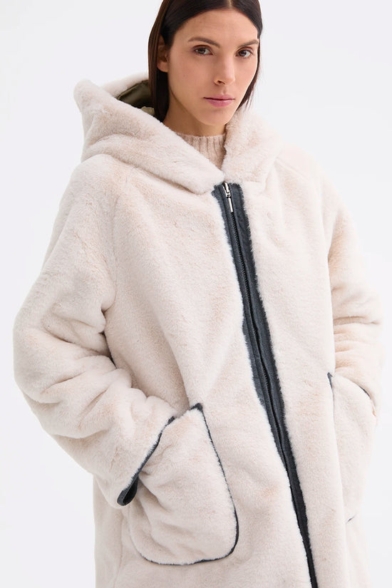 Rosso 35 Khaki Reversible Coat with Faux Fur and Hood