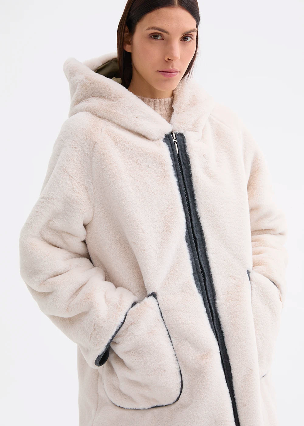Rosso 35 Khaki Reversible Coat with Faux Fur and Hood