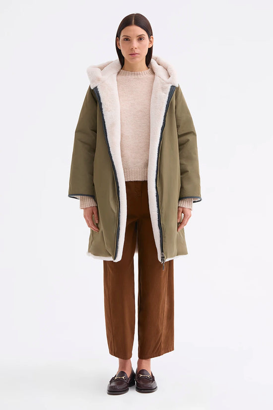 Rosso 35 Khaki Reversible Coat with Faux Fur and Hood