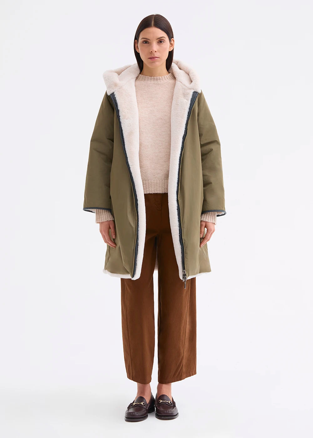 Rosso 35 Khaki Reversible Coat with Faux Fur and Hood