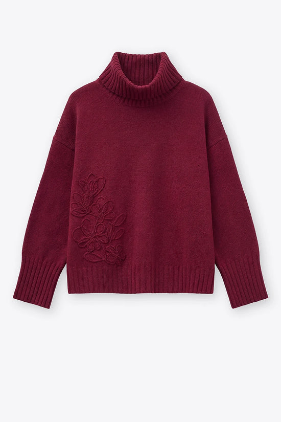 Rosso 35 Burgundy Embroidered High-Neck Sweater in Wool-Cashmere Blend