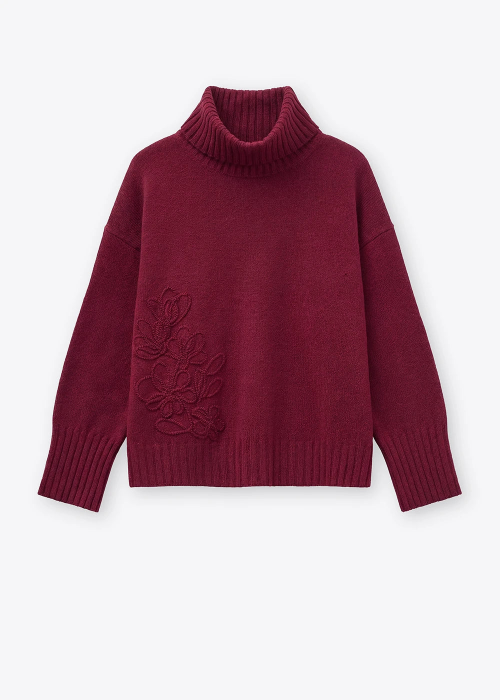 Rosso 35 Burgundy Embroidered High-Neck Sweater in Wool-Cashmere Blend