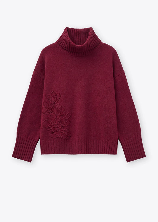 Rosso 35 Burgundy Embroidered High-Neck Sweater in Wool-Cashmere Blend