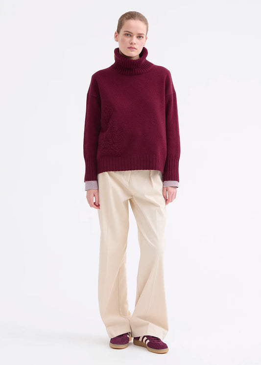 Rosso 35 Burgundy Embroidered High-Neck Sweater in Wool-Cashmere Blend