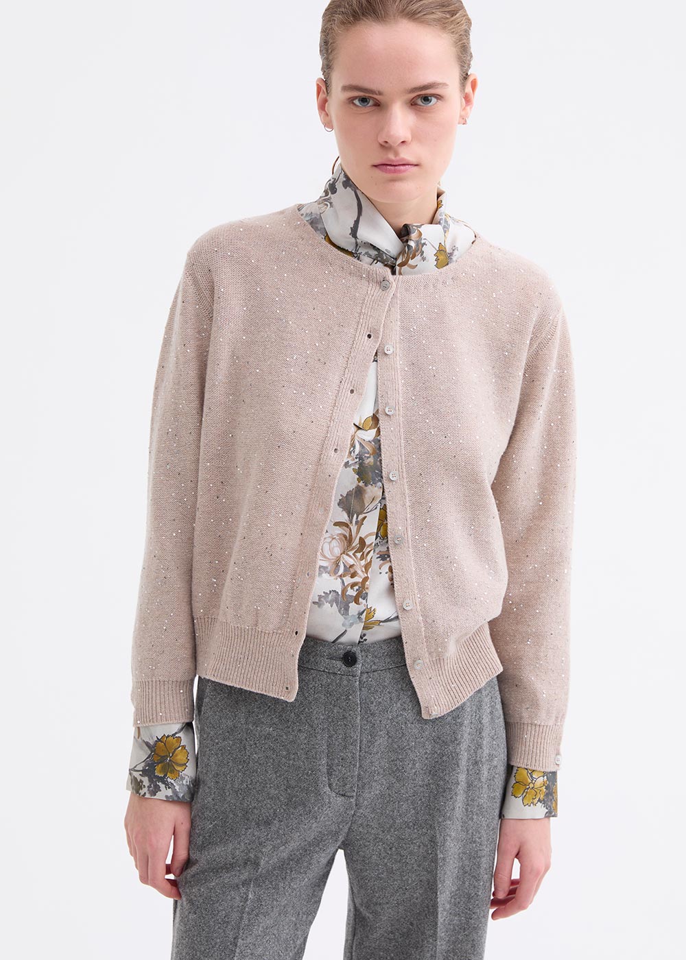 Rosso 35 Taupe Wool & Cashmere Cardigan – Fine Knit with Sequin Detail