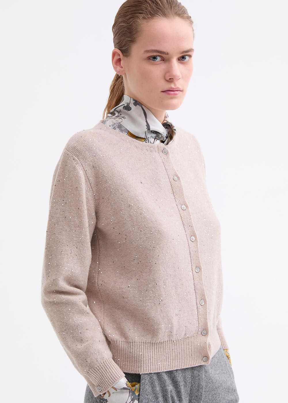 Rosso 35 Taupe Wool & Cashmere Cardigan – Fine Knit with Sequin Detail