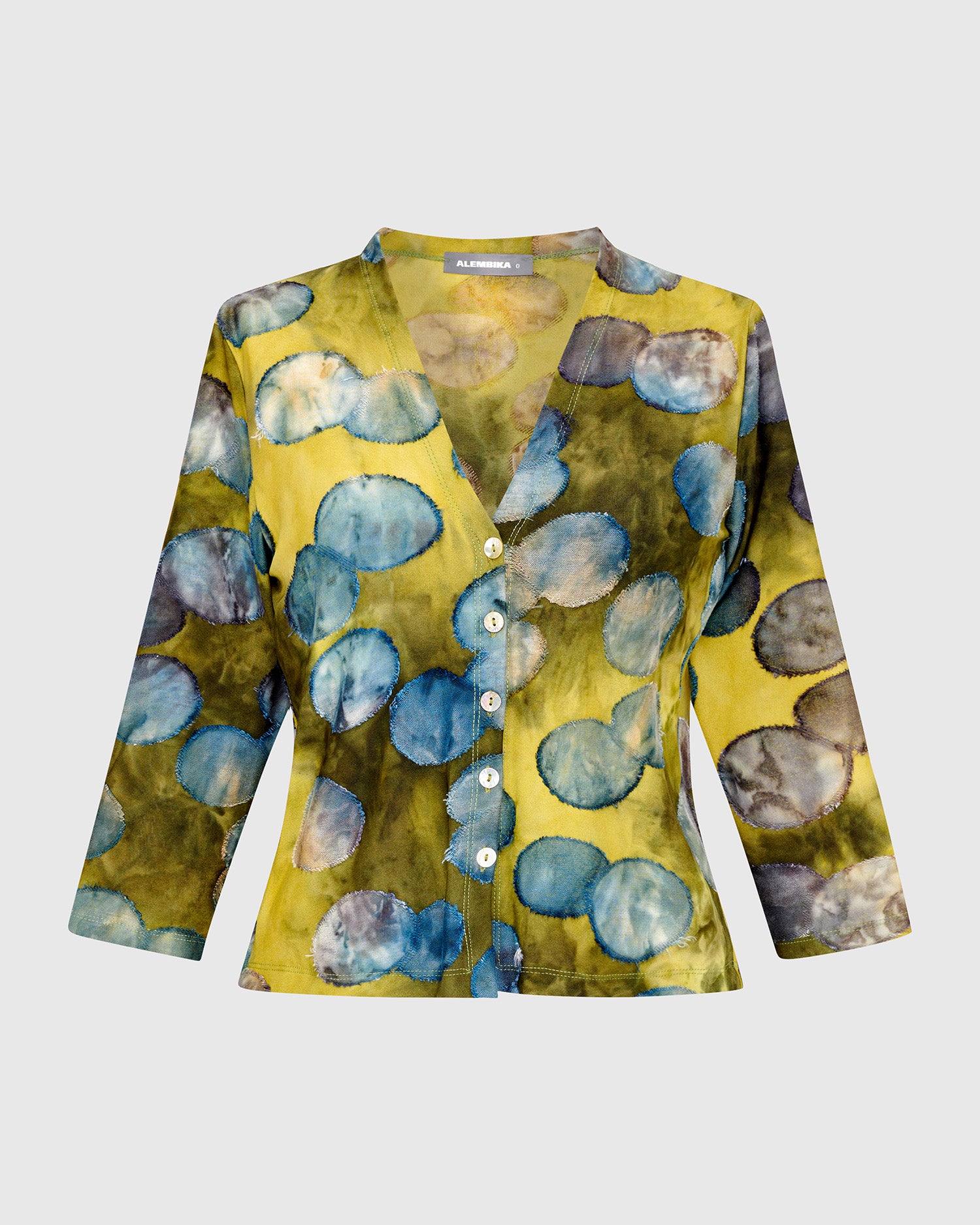 Alembika Green/Blue Viscose‑Blend Cardigan with V‑Neck, 3/4 Sleeves and Circle Detailing SJ7170