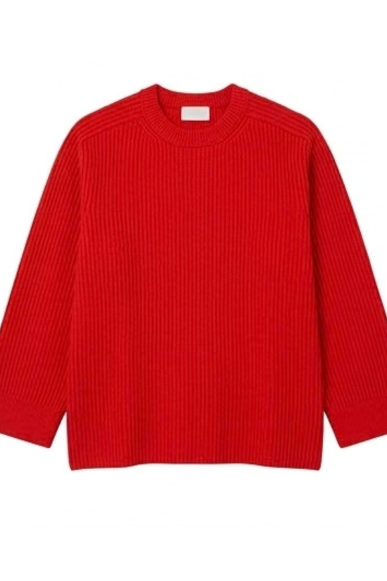 Solocascmir Red Ribbed Cashmere Sweater – Crew Neck Wide Sleeve Knit
