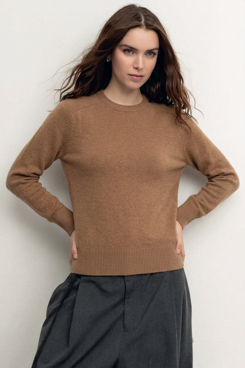 Solocascmir Cocoa Cashmere Sweater – Crew Neck Long Sleeve Ribbed Knit
