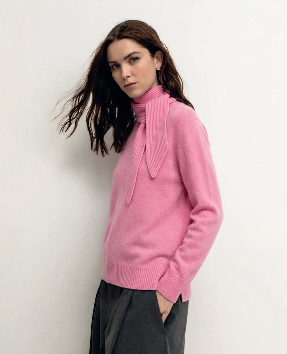 Solocascmir Rose Cashmere High Neck Sweater – Fine Knit Tie Detail