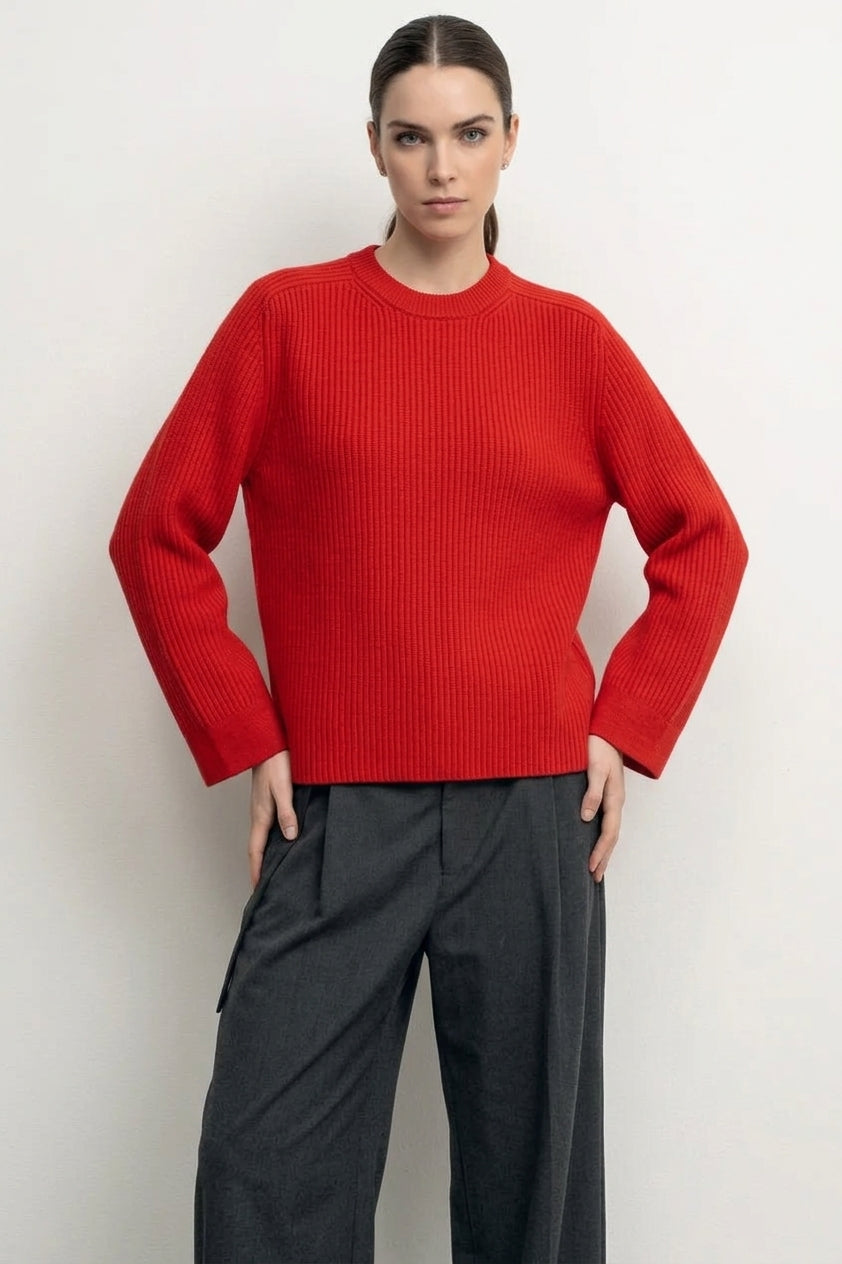 Solocascmir Red Ribbed Cashmere Sweater – Crew Neck Wide Sleeve Knit