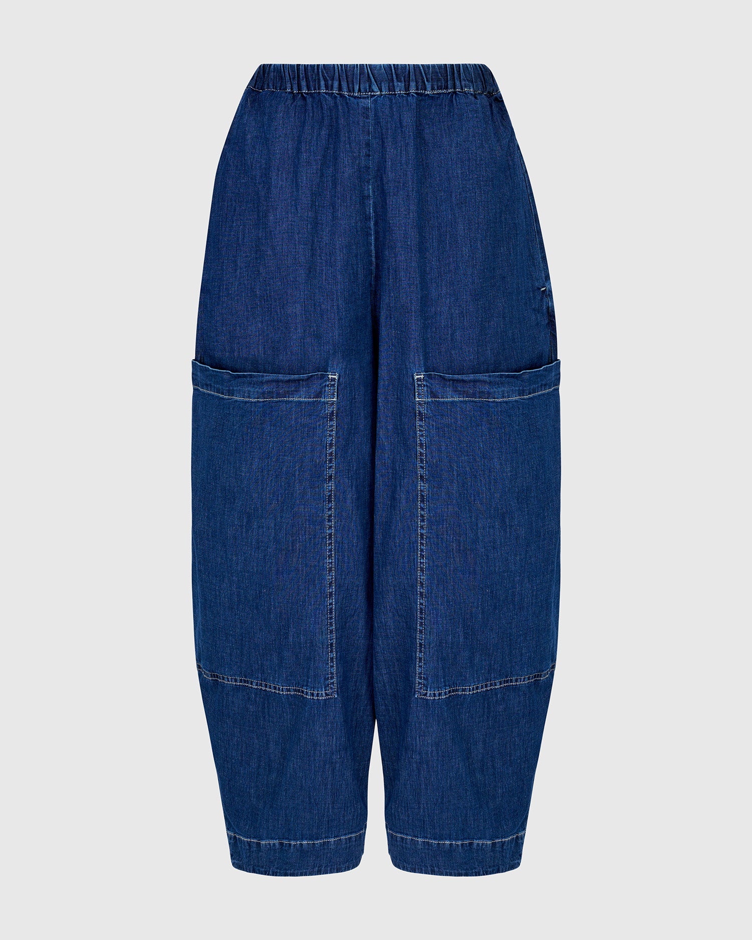 Alembika Blue Denim Barrel‑Leg Pull‑On Jeans with Elasticated Waist and Front Patch Pockets SP707D