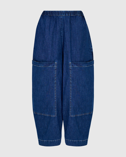 Alembika Blue Denim Barrel‑Leg Pull‑On Jeans with Elasticated Waist and Front Patch Pockets SP707D