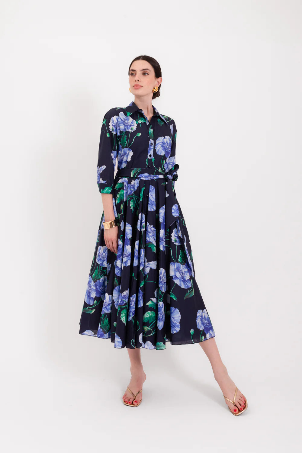 Lavi Couture Blue Floral Long Dress, 3/4 Sleeve Shirt Collar, Sash Bow Detail SPRITZ