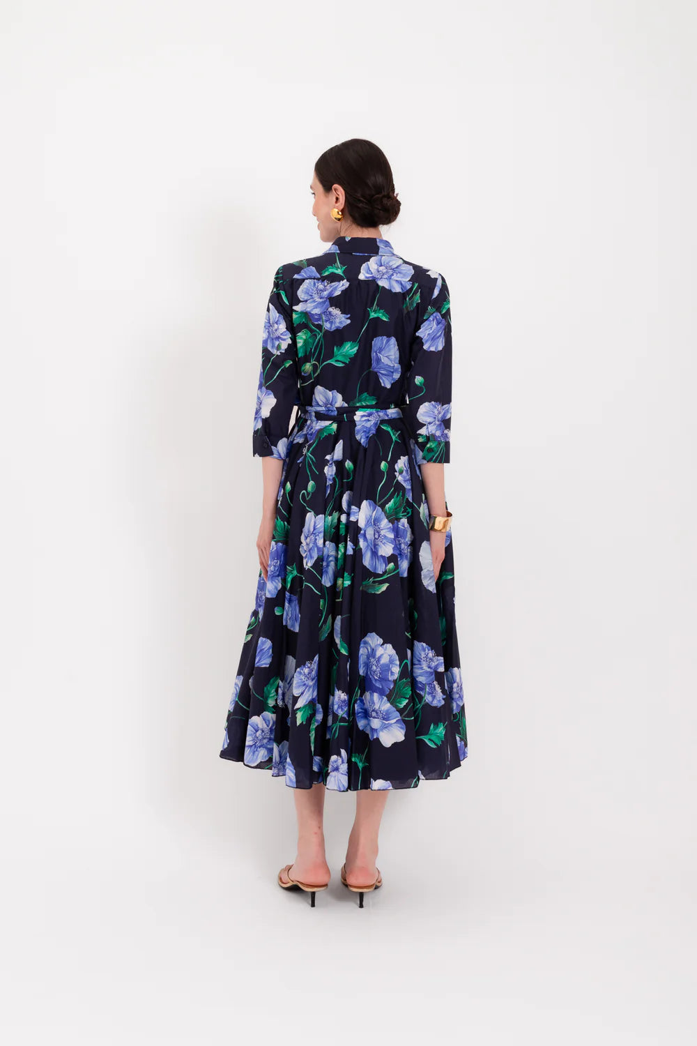 Lavi Couture Blue Floral Long Dress, 3/4 Sleeve Shirt Collar, Sash Bow Detail SPRITZ