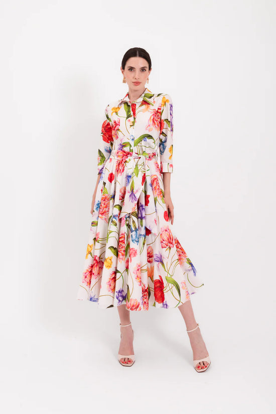 Lavi Couture Cream Floral Long Dress, 3/4 Sleeve Shirt Collar, Front Button, Sash Bow Detail SPRITZ