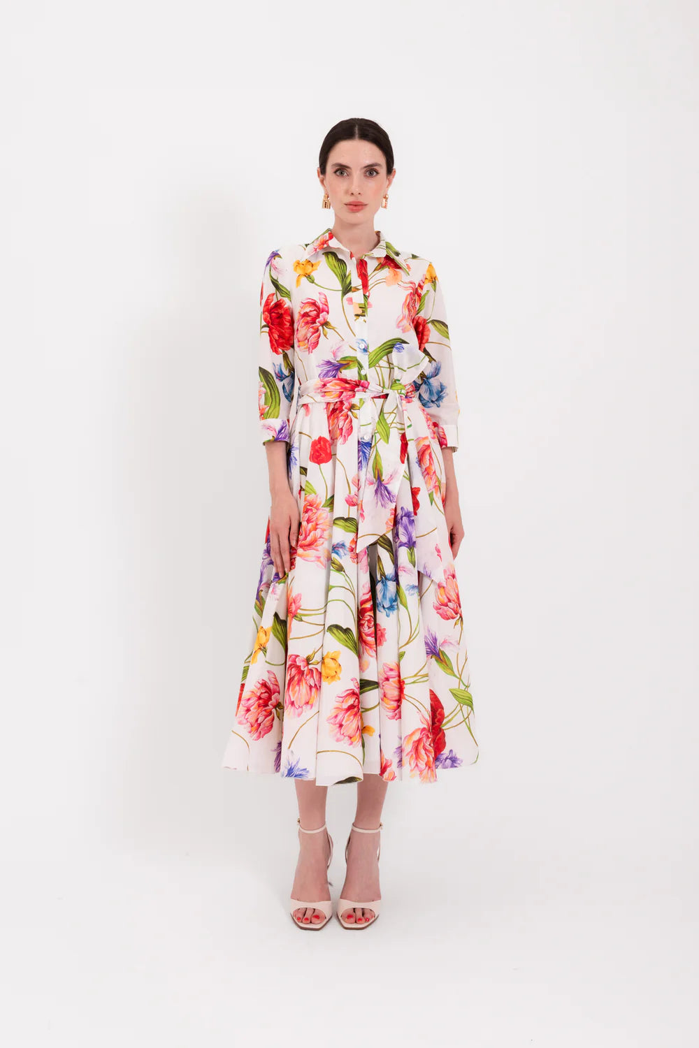 Lavi Couture Cream Floral Long Dress, 3/4 Sleeve Shirt Collar, Front Button, Sash Bow Detail SPRITZ