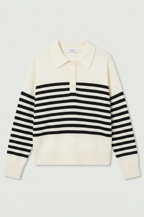 Marella Cream & Black Stripe Wool Blend Polo Neck Sweater 