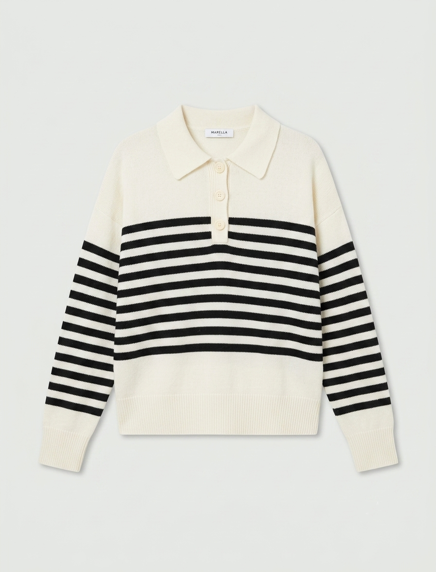 Marella Cream & Black Stripe Wool Blend Polo Neck Sweater 