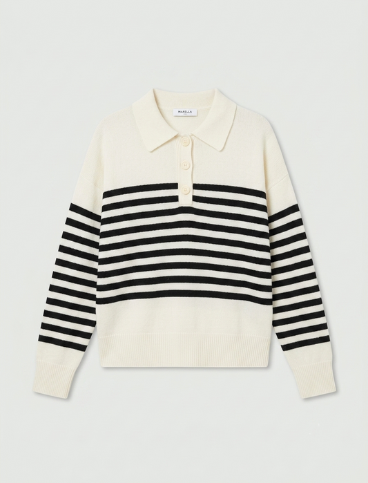 Marella Cream & Black Stripe Wool Blend Polo Neck Sweater 