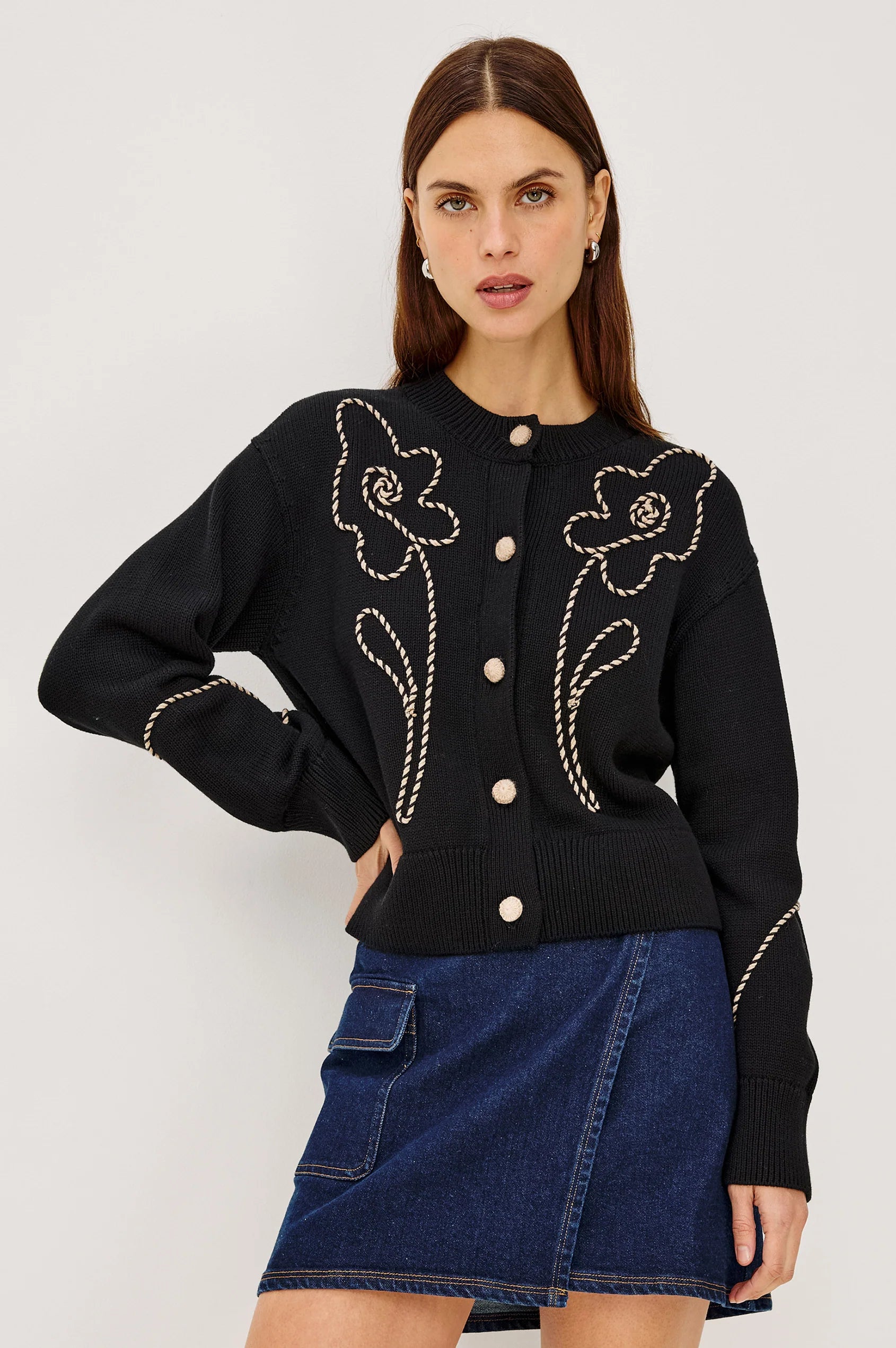 Rails Black Western Floral Round Neck Cotton Cardigan